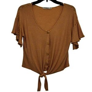 Chance Or Fate Mustard Yellow Striped Tie Front Button Down Flutter Sleeve Top M